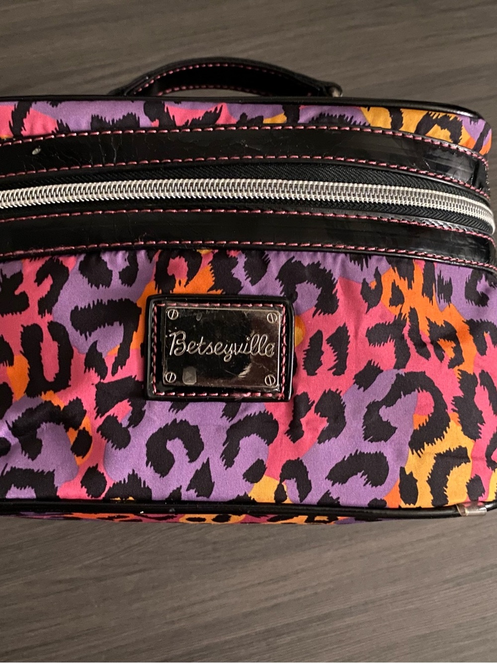 Betsey Johnson Large Leopard Print Cosmetic Case in Pink, Purple & Orange